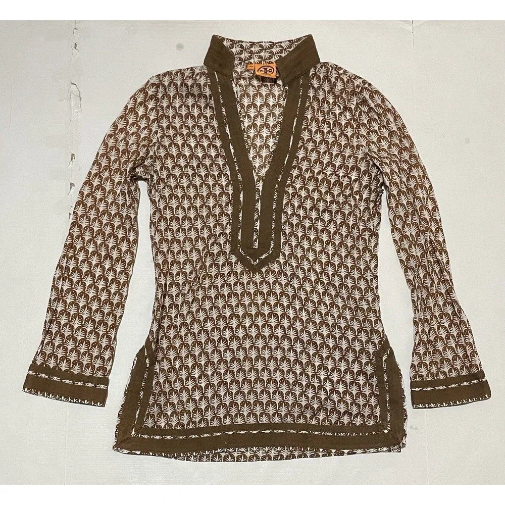 Tory Burch Women's Tan Long Sleeve Cotton Popover Blouse Tunic Cover‎ Up Size 6